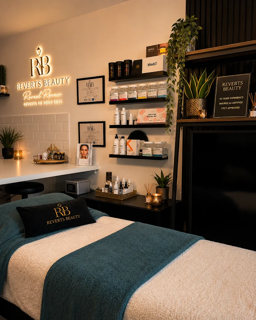 The treatment room at Reverts Beauty, with certificates and professional skincare